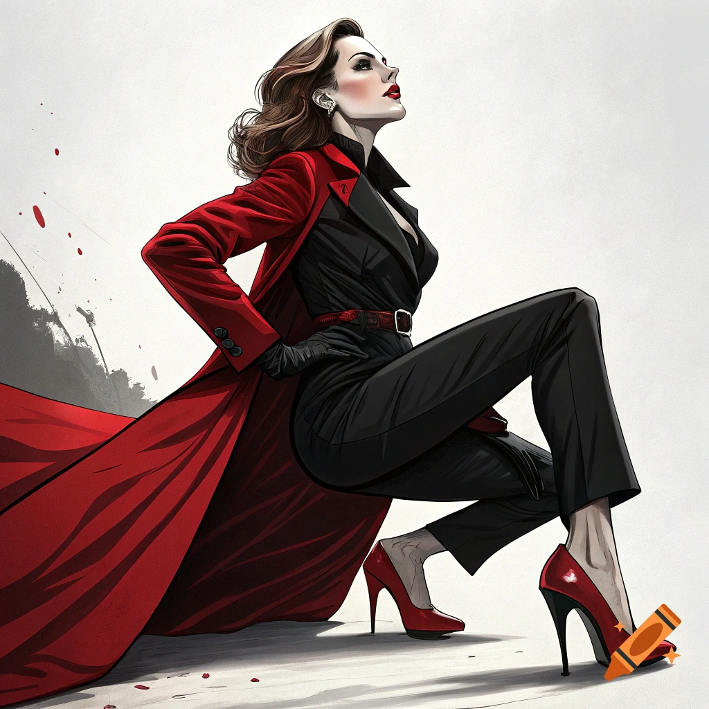 Stylized illustration of a commanding woman in a black suit and red coat, seated with a dynamic pose.