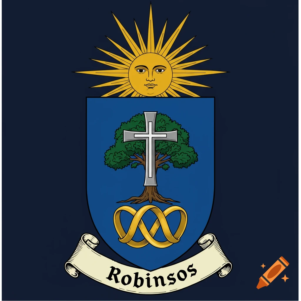 Illustrated family crest with sun, shield, tree, cross, interlocking rings, and banner with text.