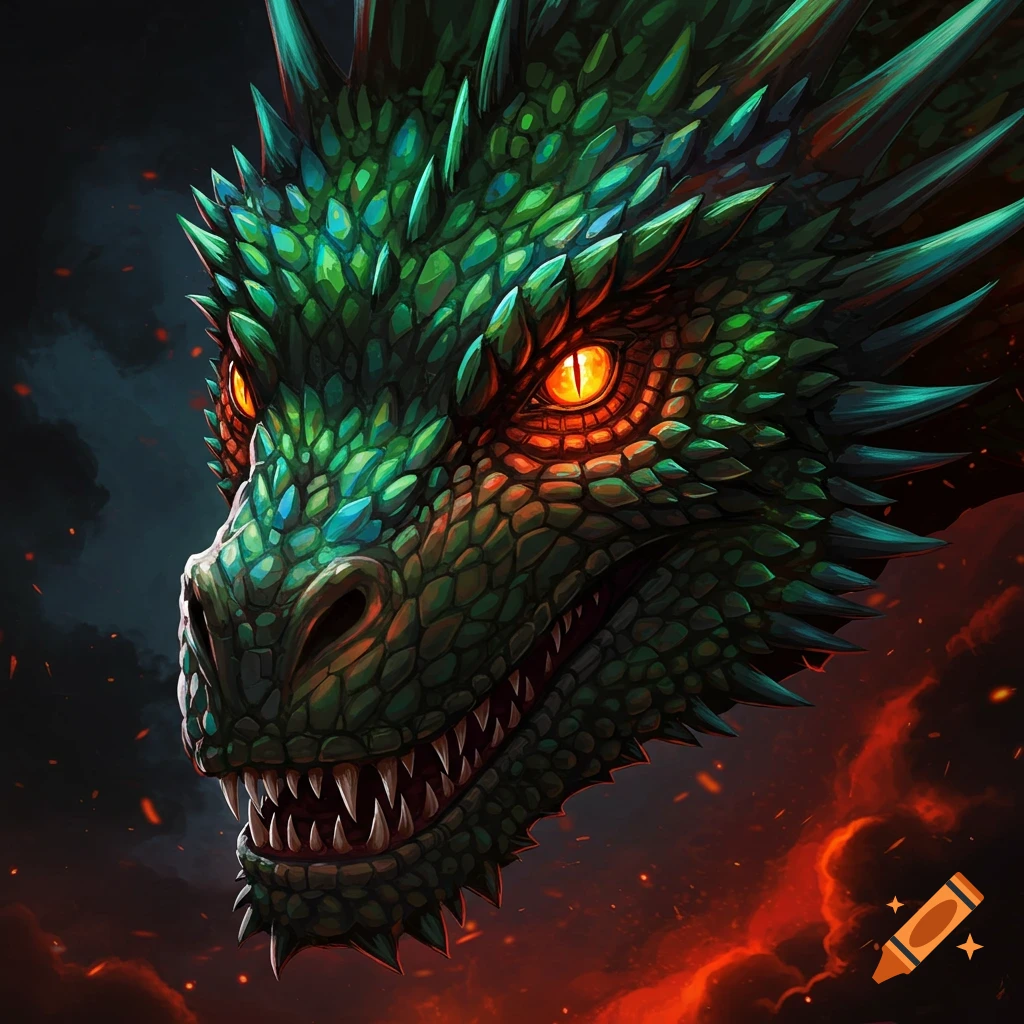 Close-up of a green dragon's face with glowing orange eyes and sharp teeth against a dark, fiery background.