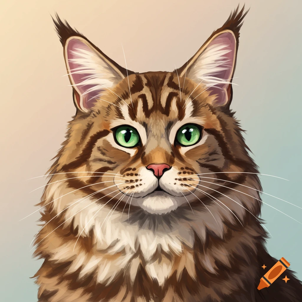 A cartoon portrait of a tabby Maine Coon cat with green eyes.