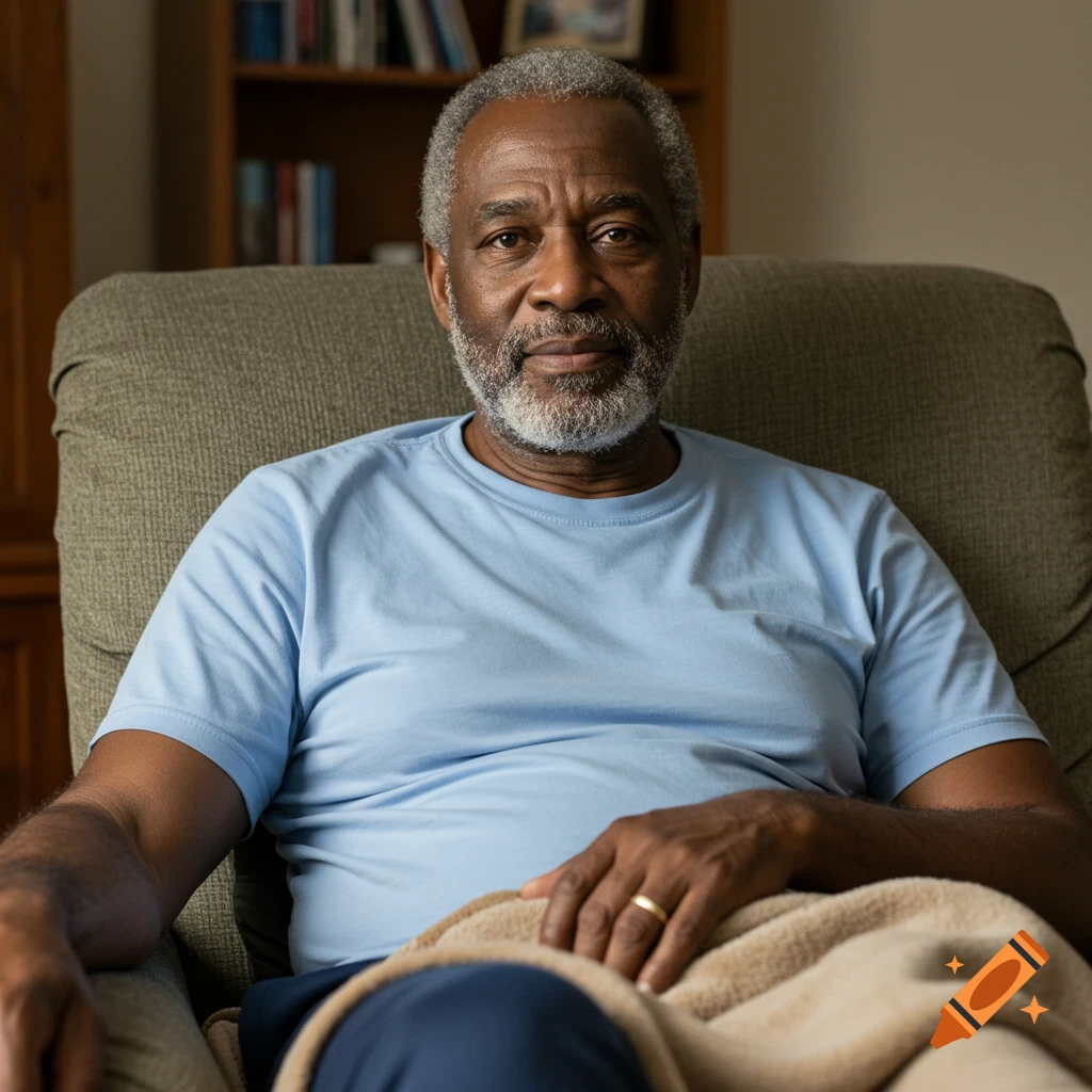 A photorealistic portrait of an older Black man sitting in a chair covered with a blanket indoors.