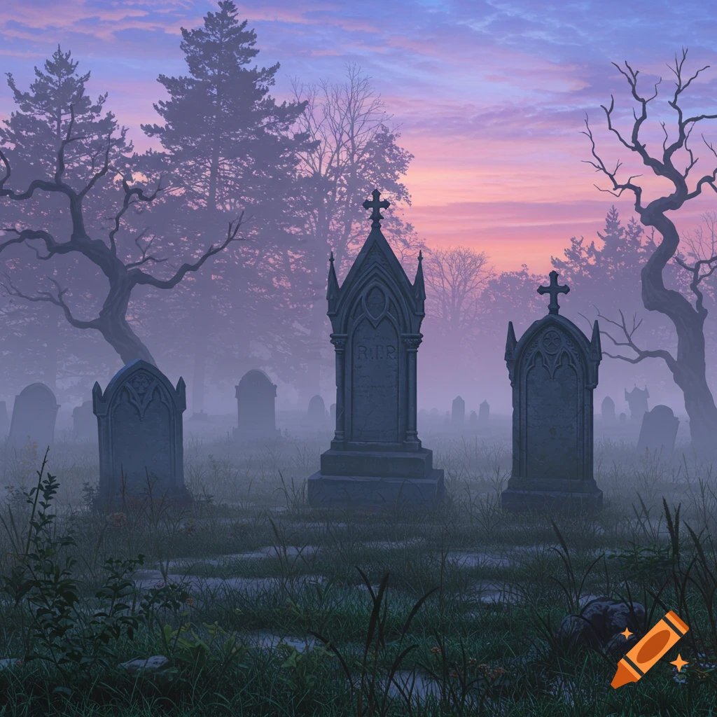 A gothic cemetery at dawn with tombstones and fog