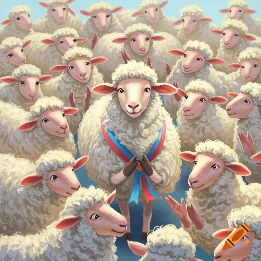 A crowd of cheerful sheep, with one sheep proudly wearing a ribbon in the center.
