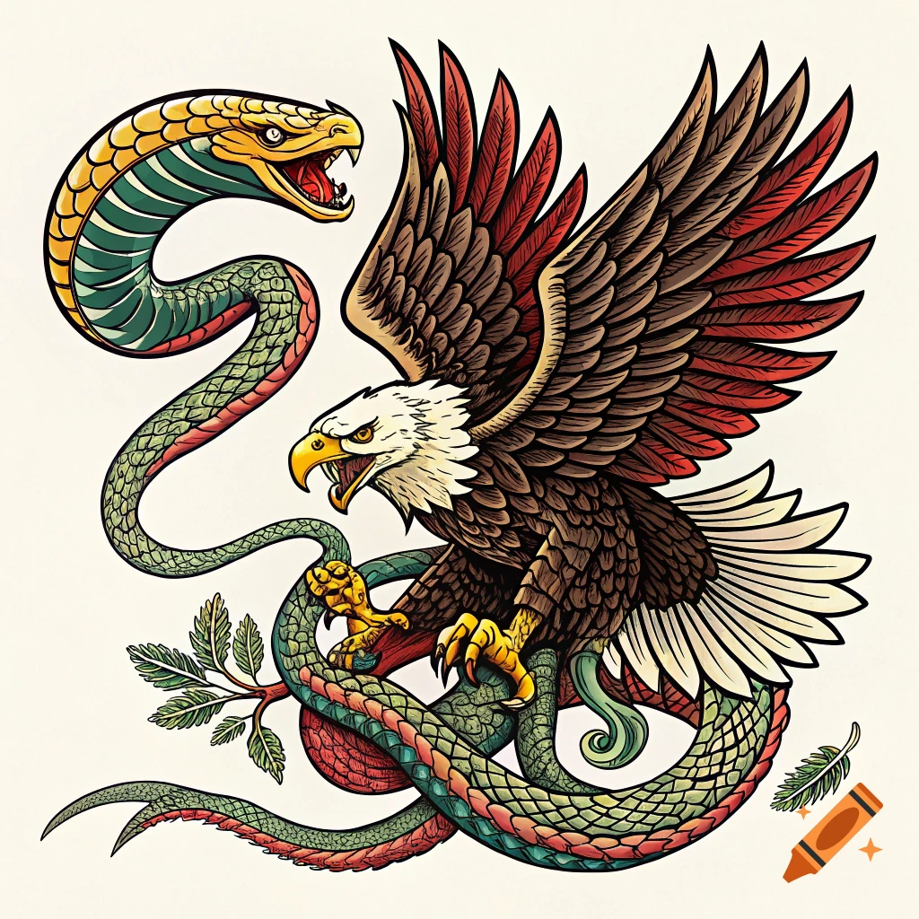 An eagle fighting a snake in traditional tattoo art style