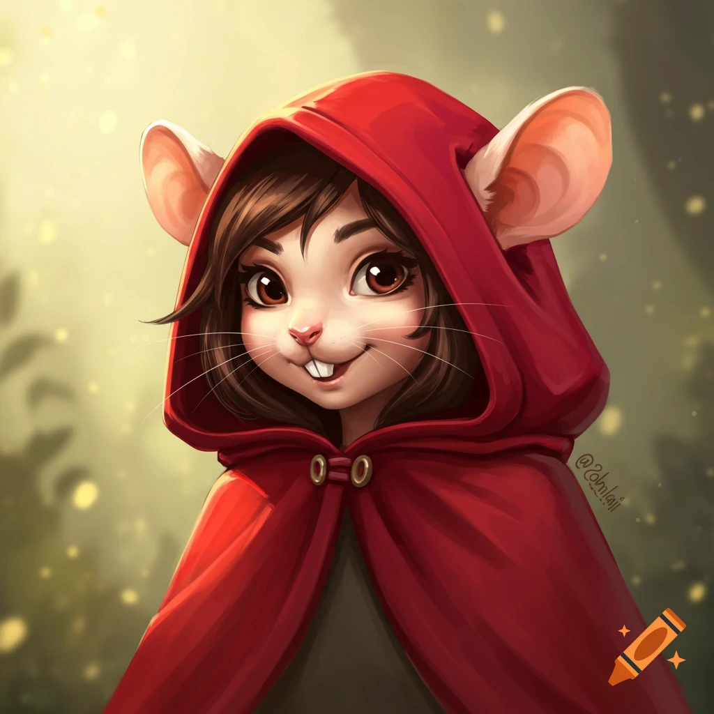 A Ratfolk girl wearing a red hooded cloak.