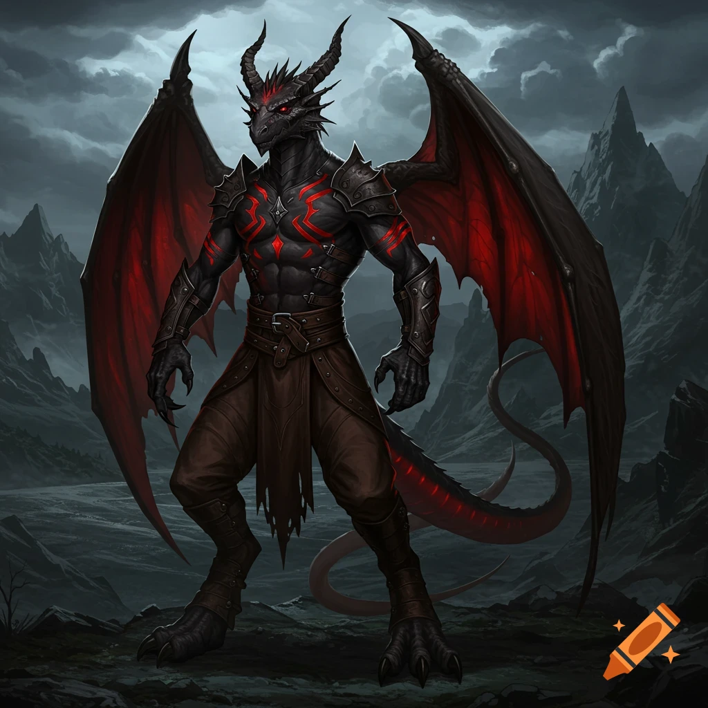 A dark fantasy of a black-scaled draconic humanoid with red markings, armor, and large wings, standing in a rocky landscape.