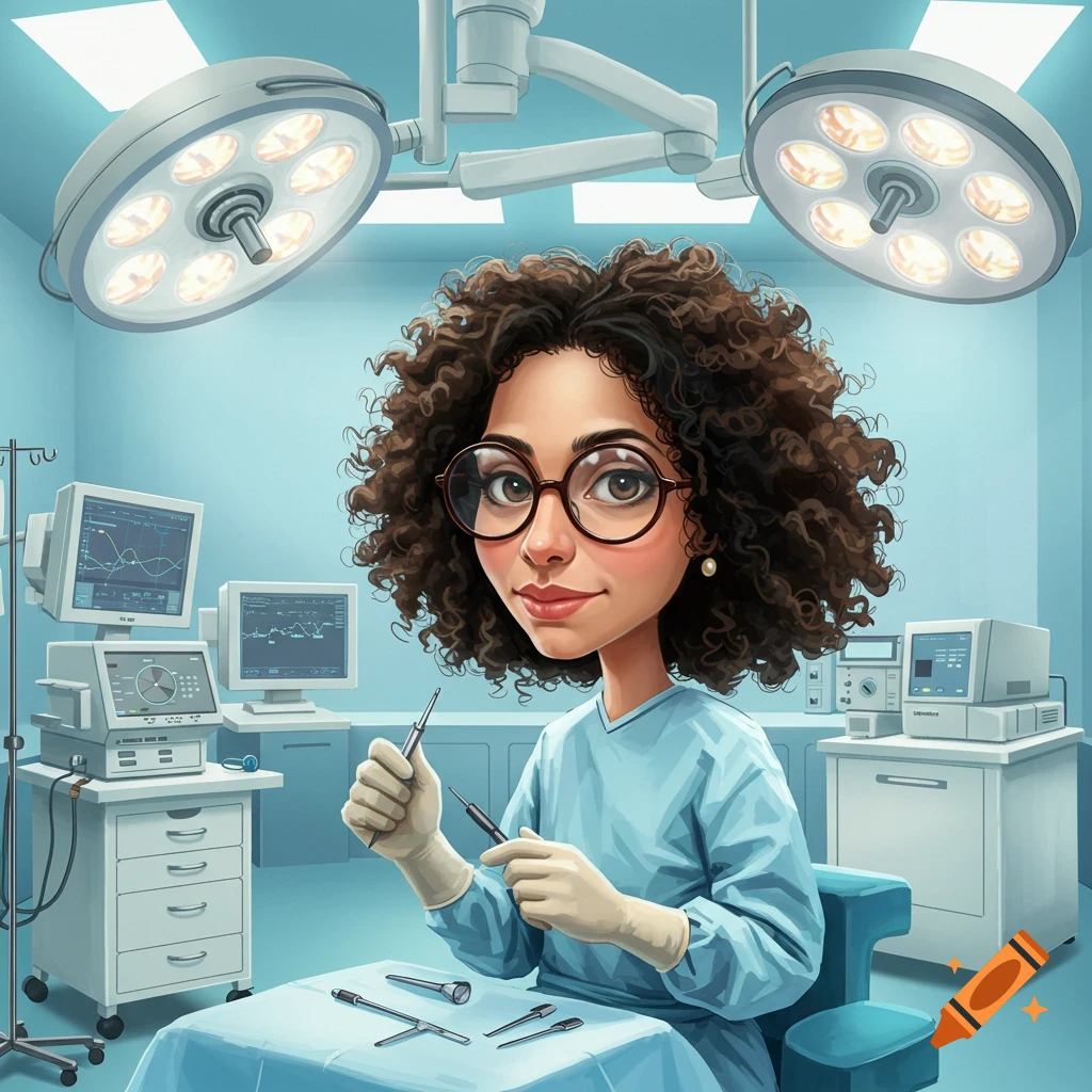 Cartoon of a female surgeon with glasses holding instruments in an operating room.