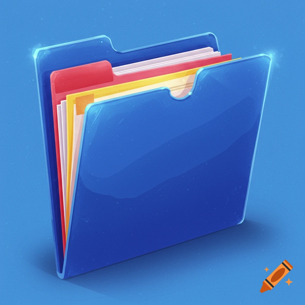A blue file folder with colorful documents inside.