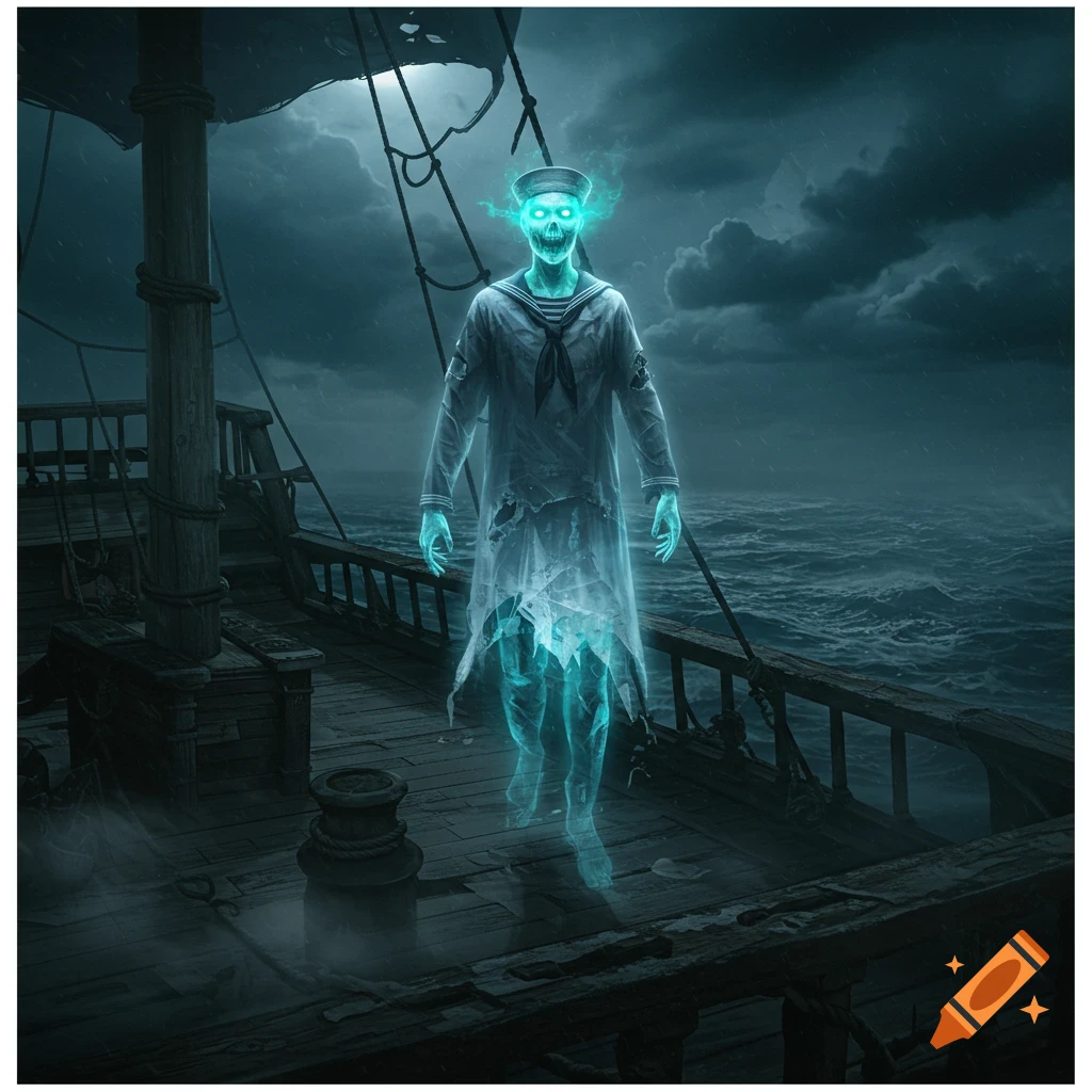 A spectral phantom sailor stands on the stormy deck of a ship.