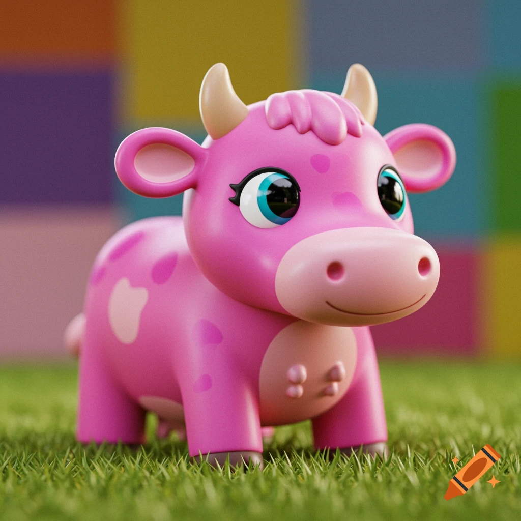 A pink toy cow stands in grass with a colorful background.