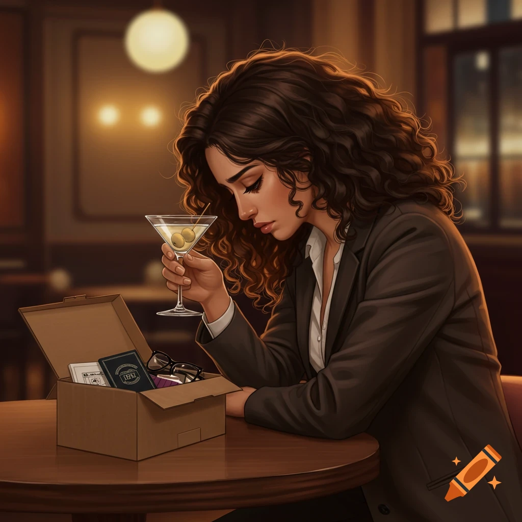 A sad woman sits at a bar with a martini and a box.