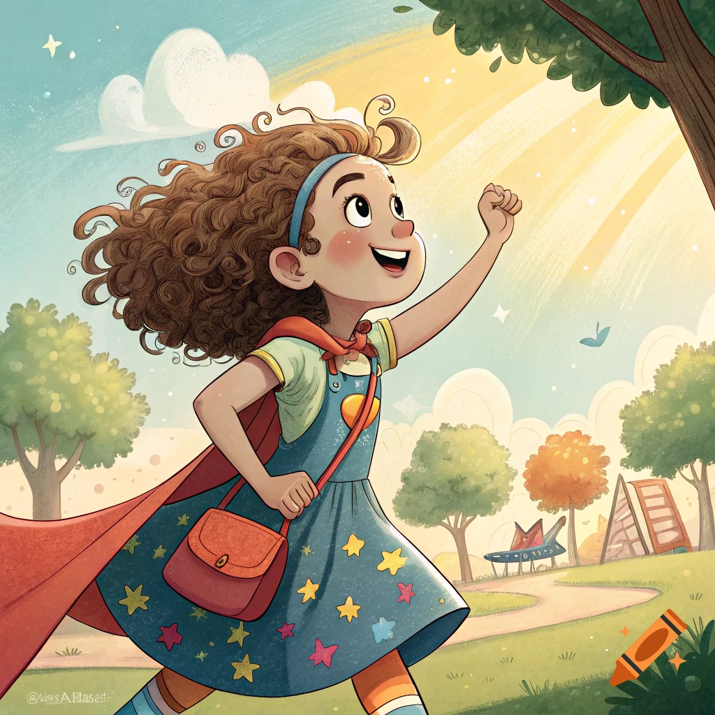 Illustration of a young girl wearing a red cape running through a park, looking determined