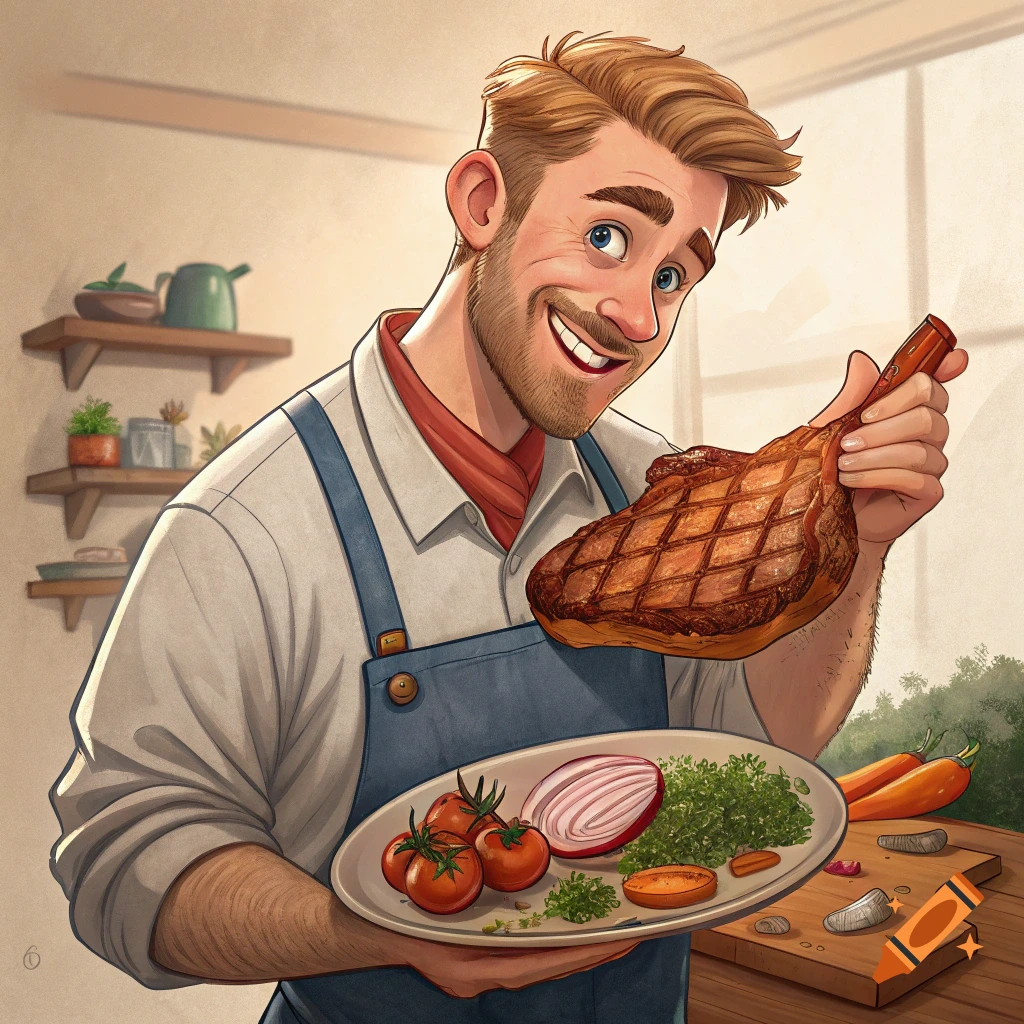 Smiling man in apron holds a large steak and plate of vegetables.