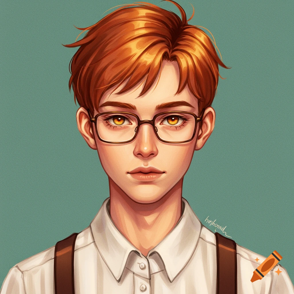 Portrait of a young person with glasses, orange hair, white shirt, and suspenders.
