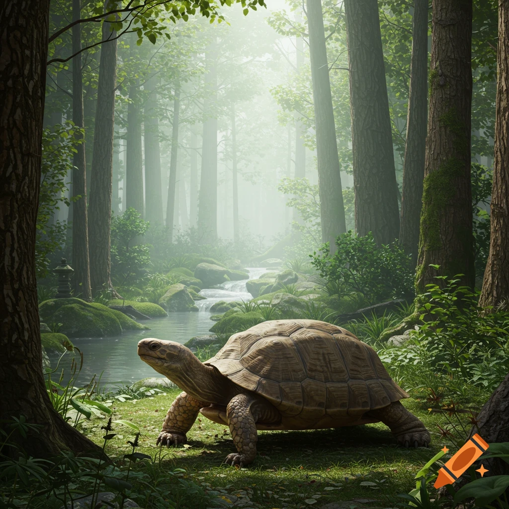 A large turtle walks on grass beside a stream in a misty forest.