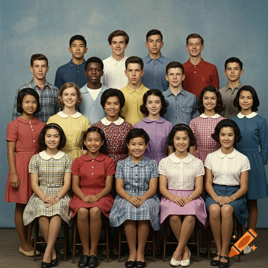 A vintage 1960s class photo showing a diverse group of young students posing in rows.