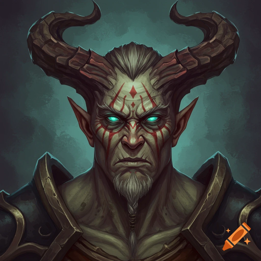 A fantasy portrait of a horned creature with glowing eyes and red face markings.