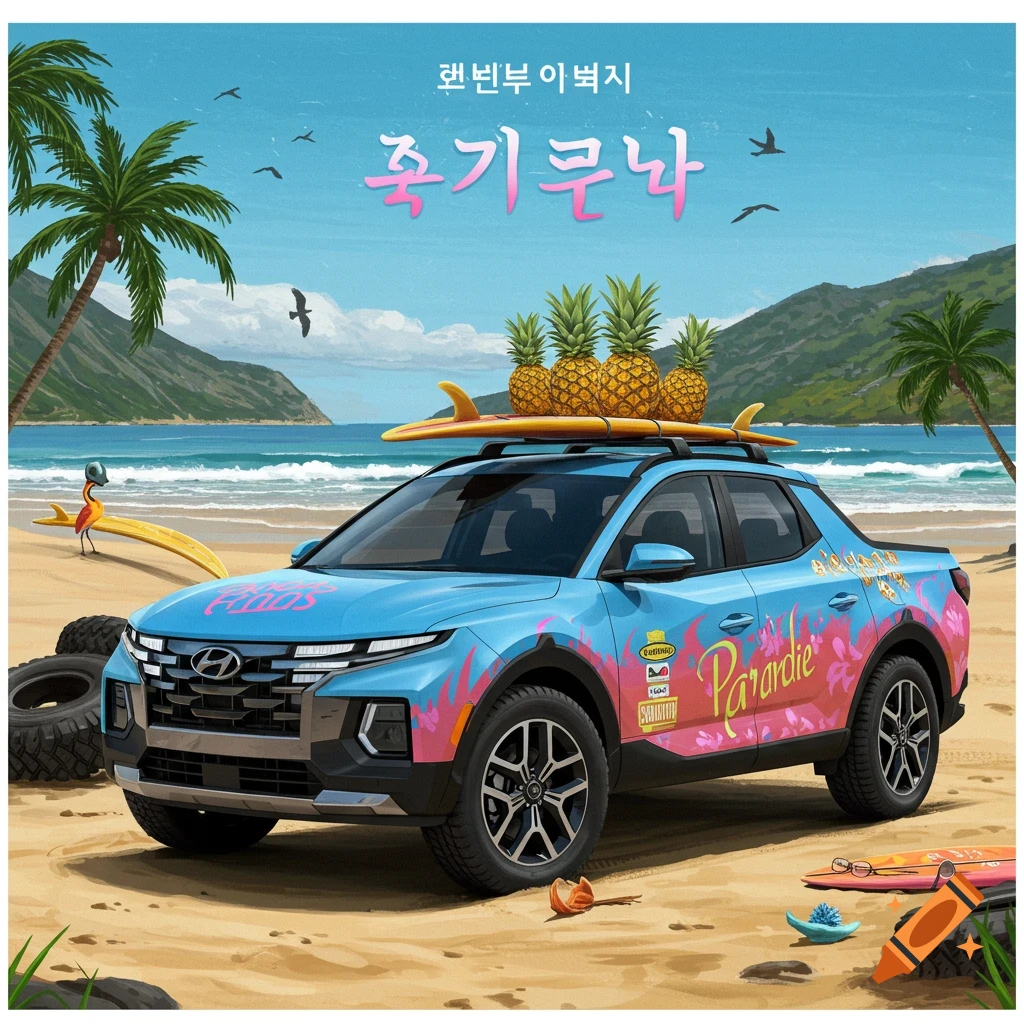 Hyundai Santa Cruz pickup truck with blue, pink, and orange paint ...
