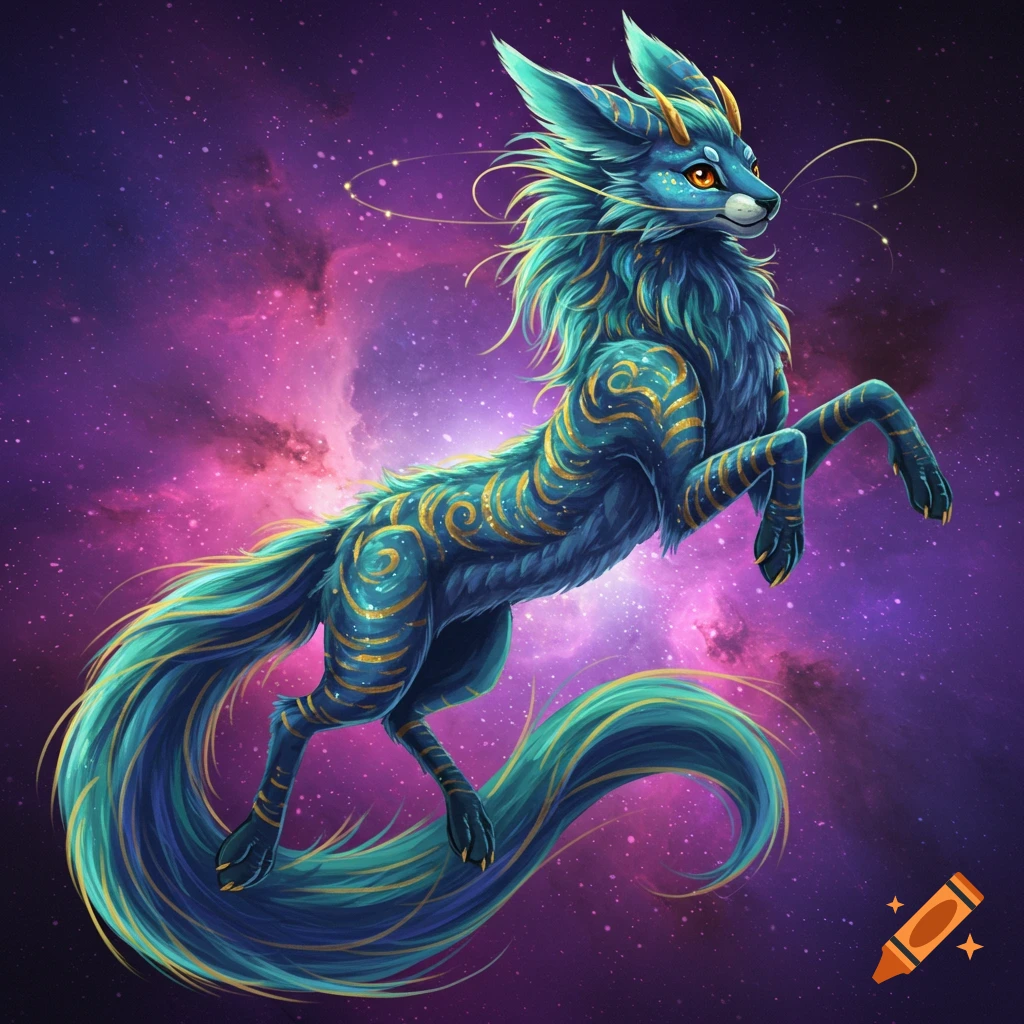 A blue and gold fantasy creature, resembling a fox or wolf, with intricate markings, floating in a purple and pink galaxy.
