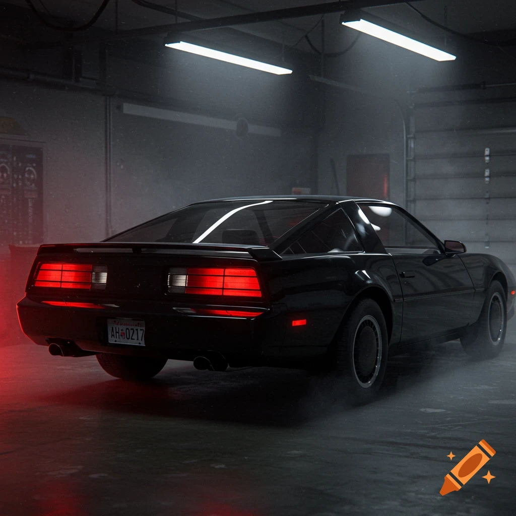 A black car resembling KITT from Knight Rider parked in a dimly lit garage.