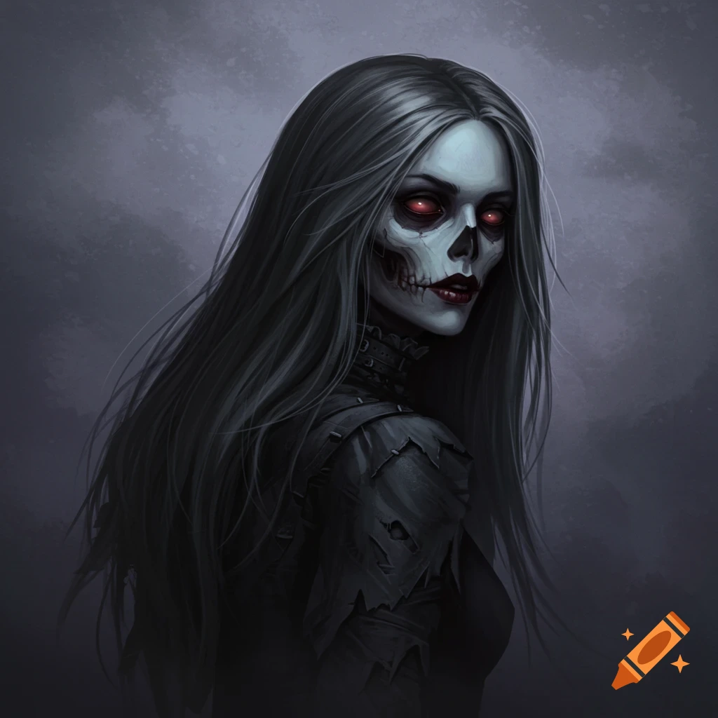 An undead woman with a skull face and long dark hair, looking over her shoulder.