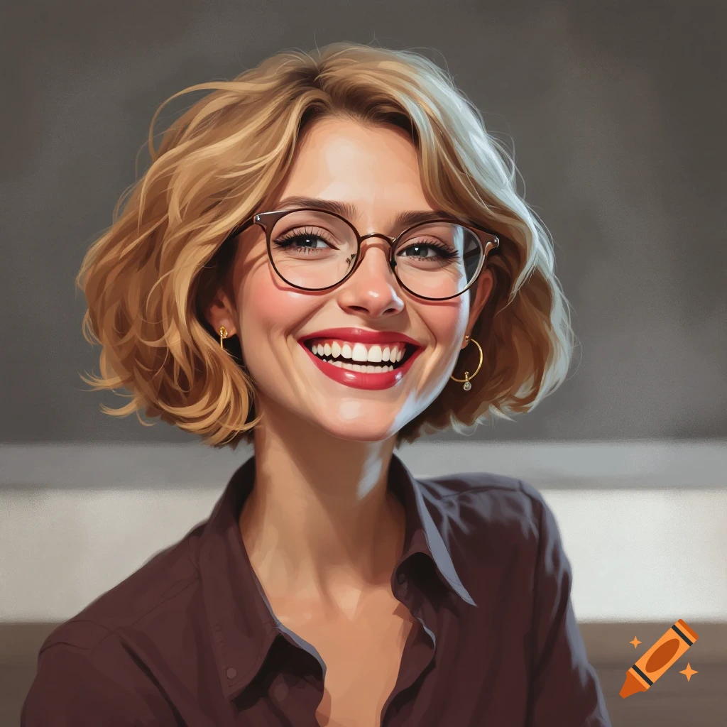 A smiling woman with short blonde hair and glasses