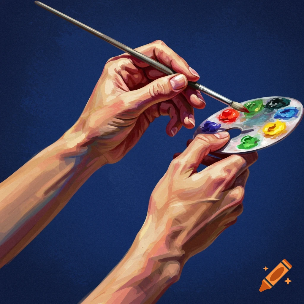 Hands holding a paint palette and brush.