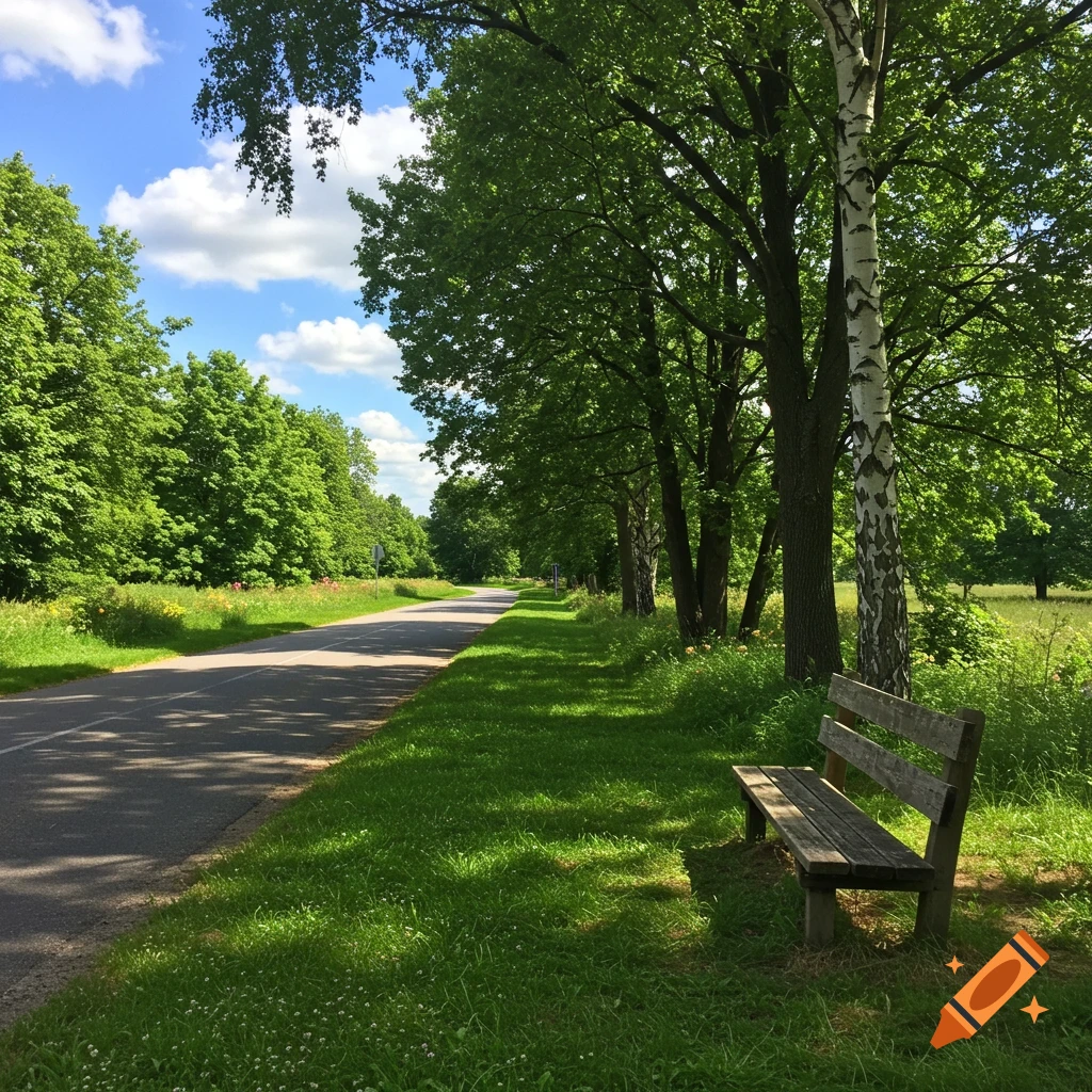 A sunny day with a road, trees, grassy verge, and a bench.