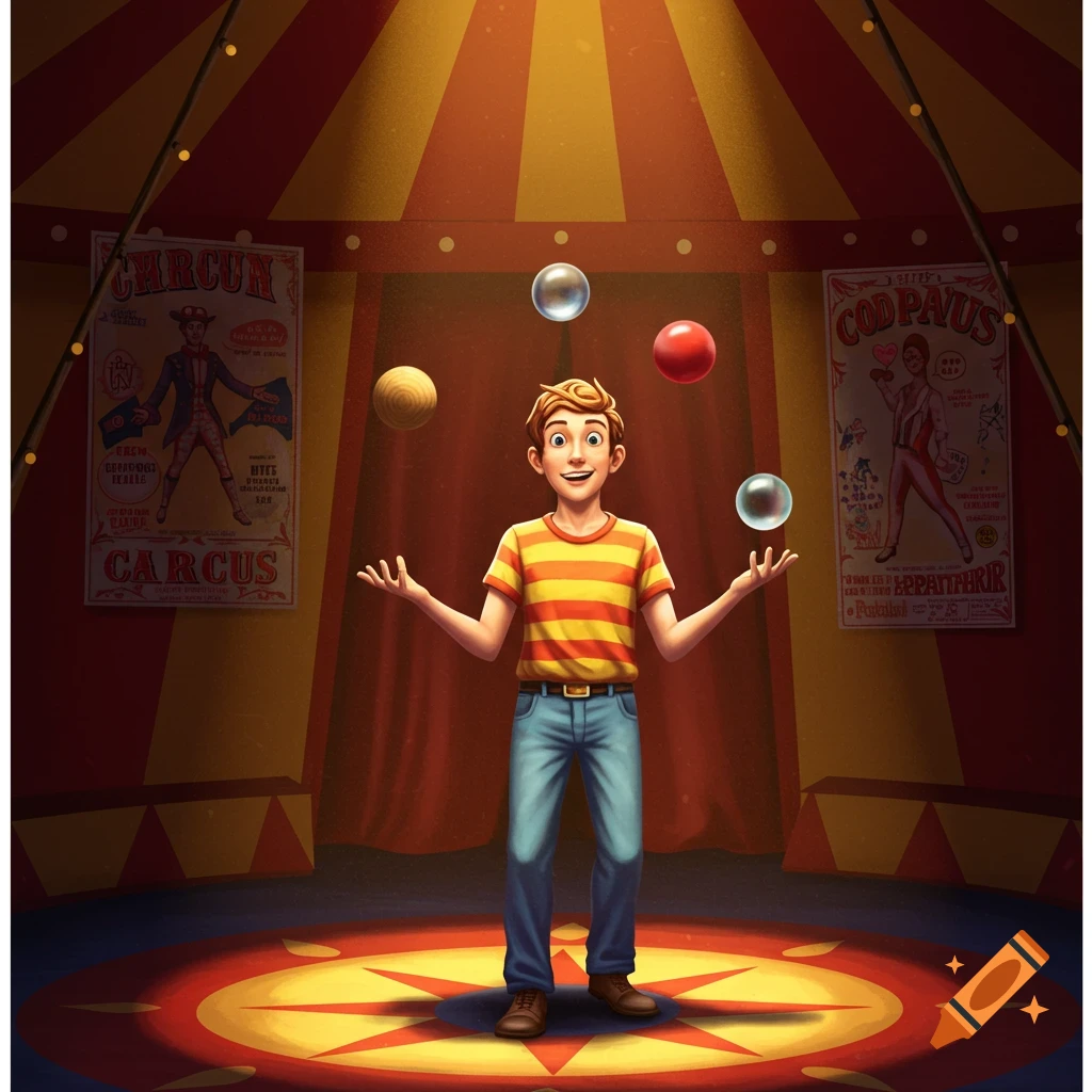 A boy is juggling four balls in a circus tent.