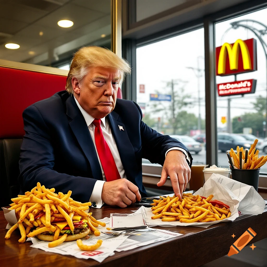Photorealistic portrait of a man resembling Donald Trump sitting at a table piled high with french fries and a burger inside a McDonald's restaurant.