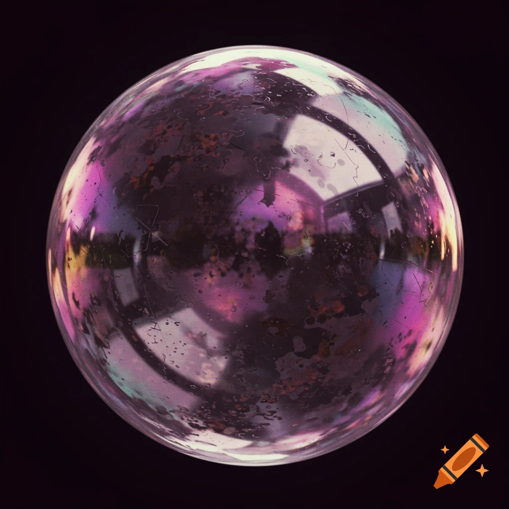 Close-up of a shiny, iridescent sphere with a dirty or textured surface on a black background.