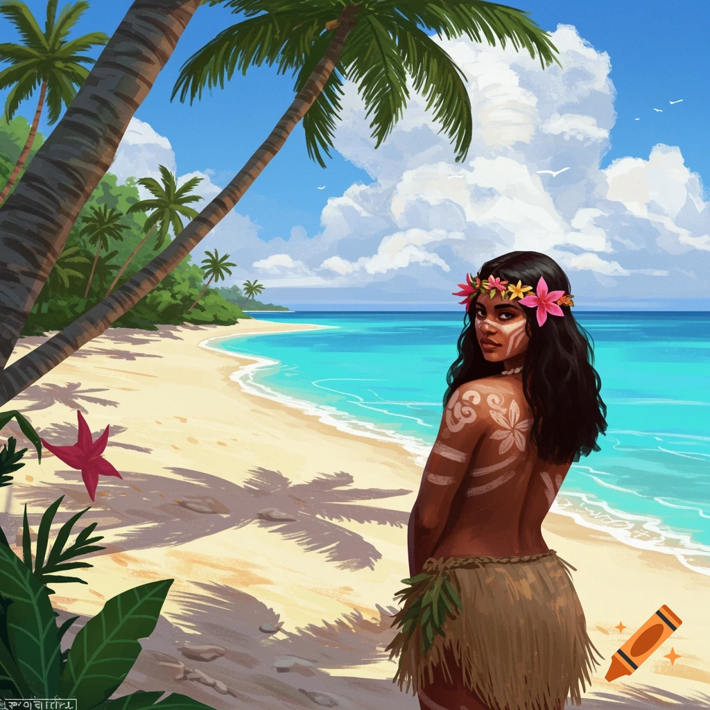 Painting of a woman with body paint and flower crown on a tropical beach