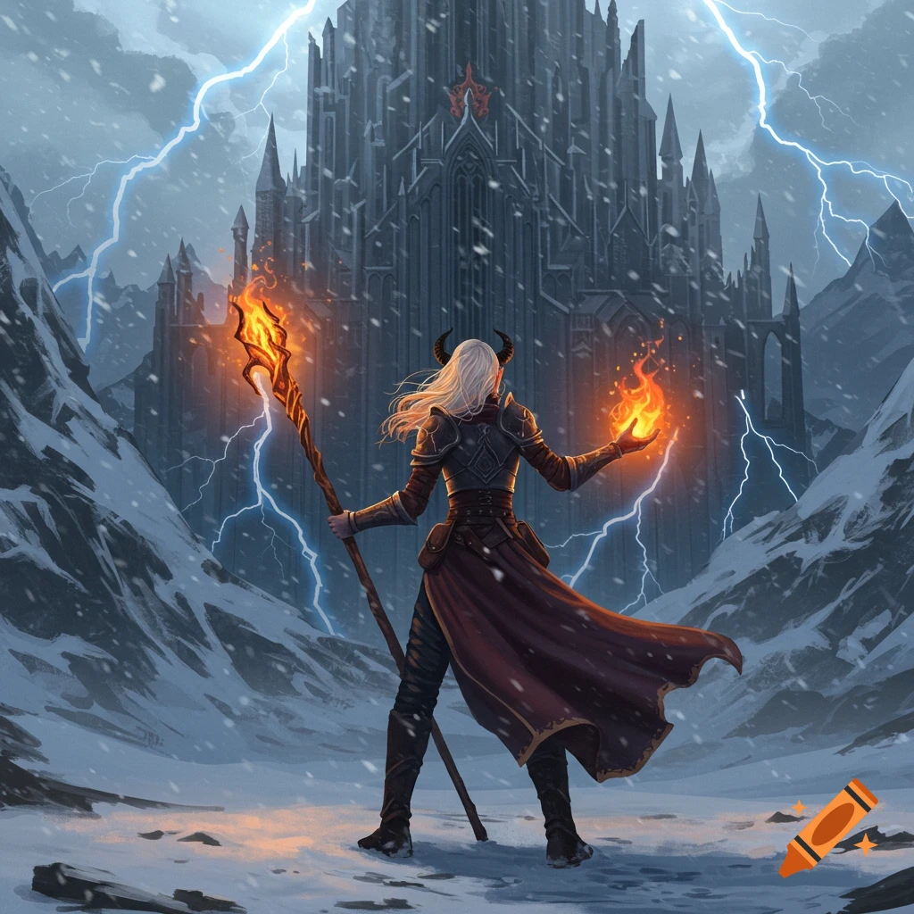 A female sorceress with a fiery staff and lightning stands in front of a fortress in a snowy landscape.