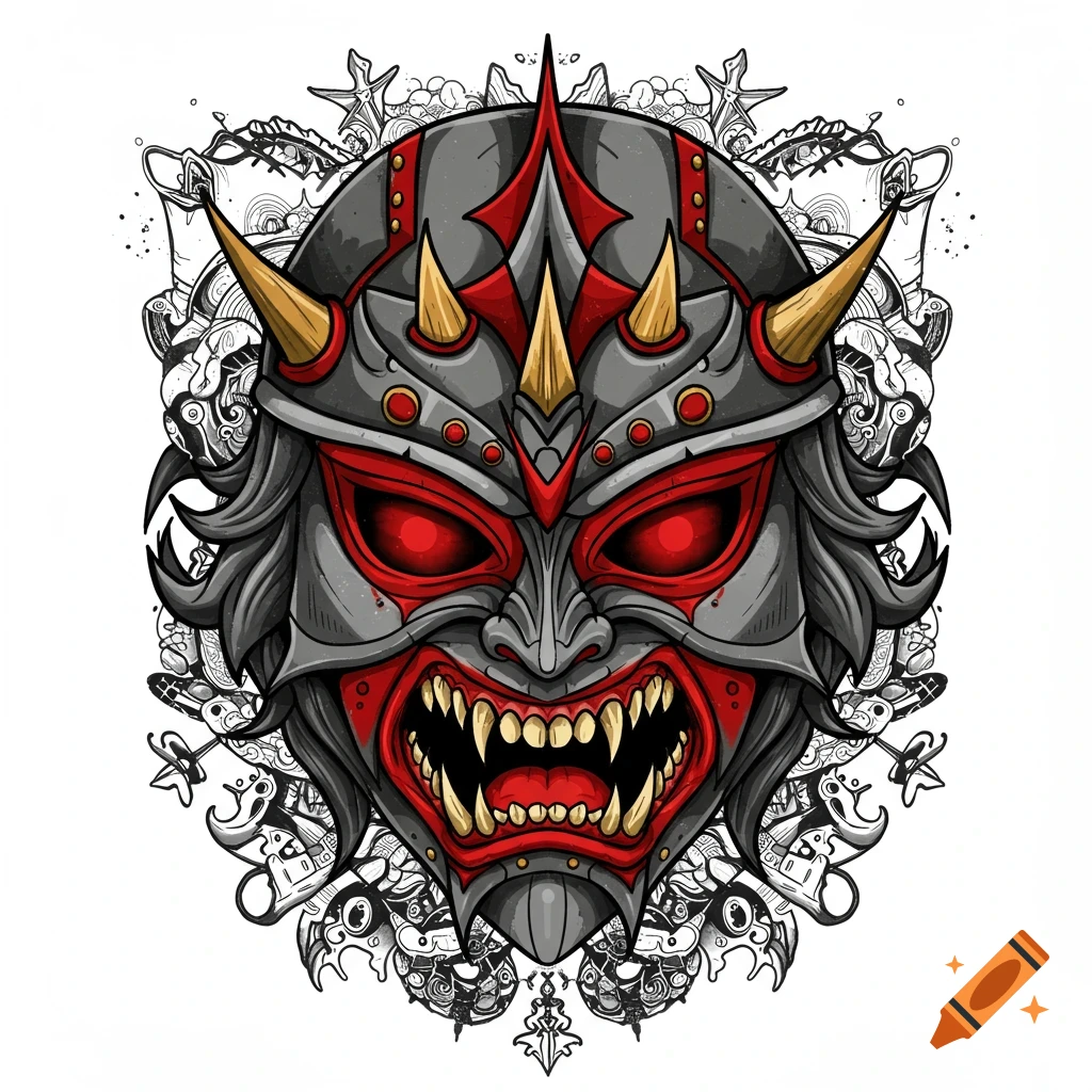 Stylized red, grey, and gold mask with sharp teeth and horns, in American traditional tattoo style.