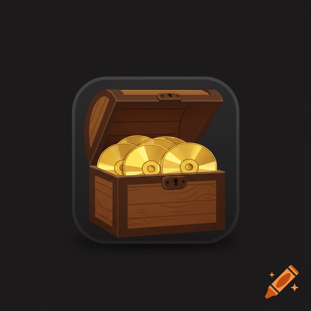 Stylized app icon of a wooden treasure chest filled with gold CDs.