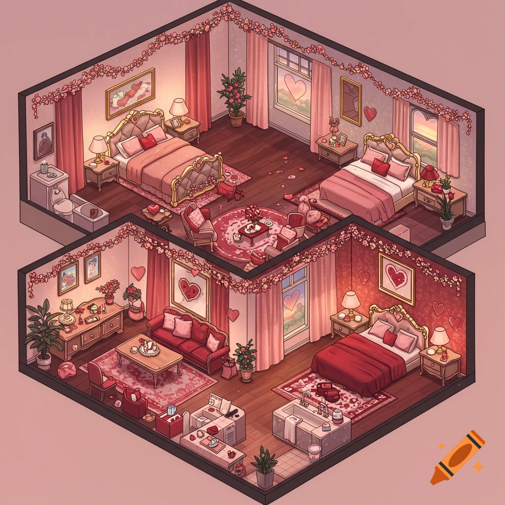 Isometric view of two apartment rooms decorated for Valentine's Day with hearts and flowers.