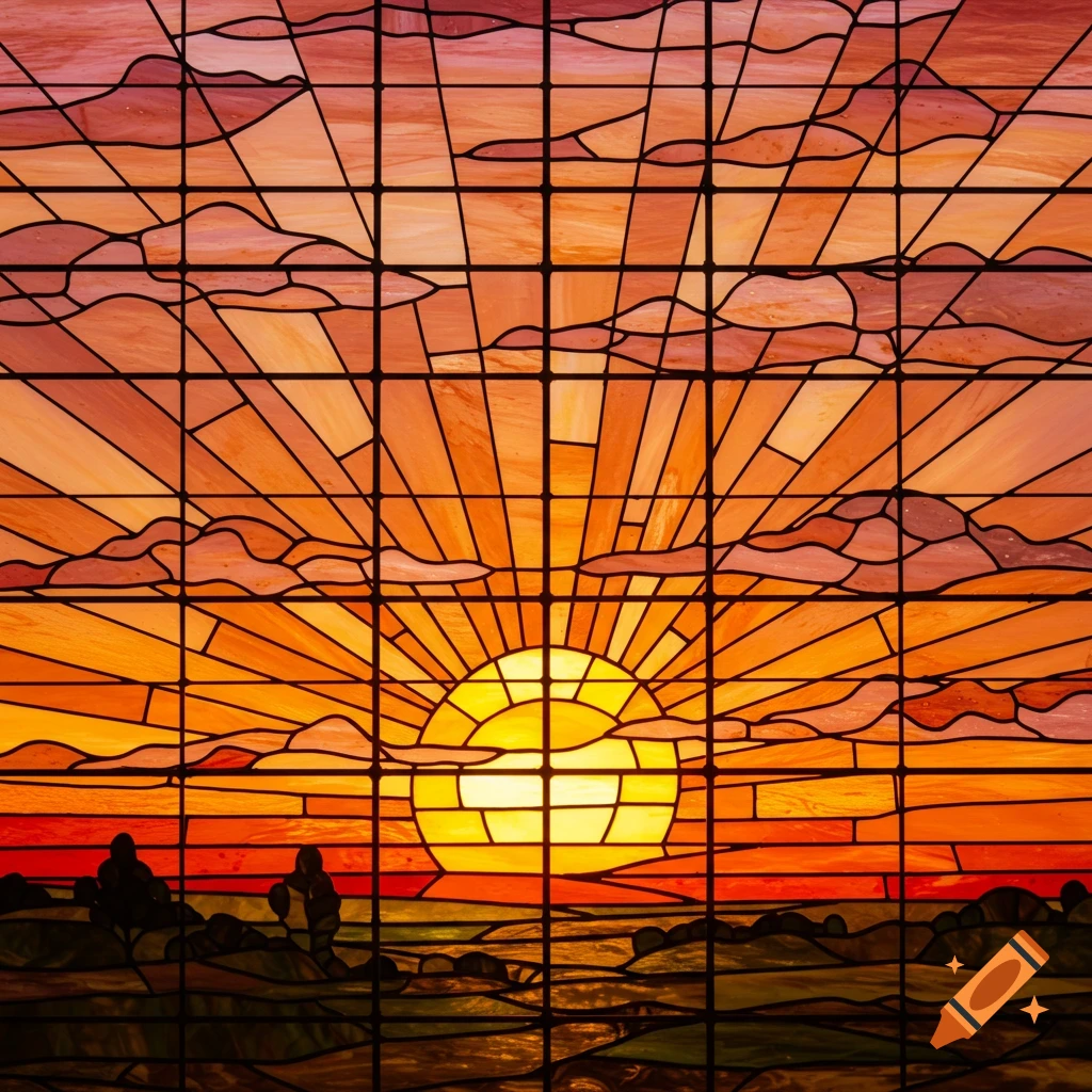 Stained glass artwork of a vibrant sunset over a landscape with silhouetted figures.
