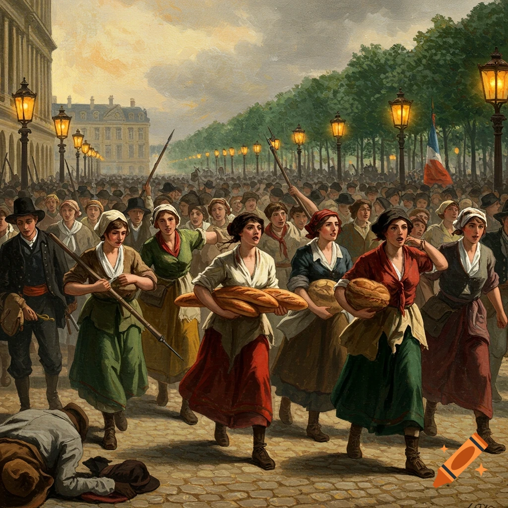 Painting of a large crowd, mainly women with bread and weapons, marching down a historical street.