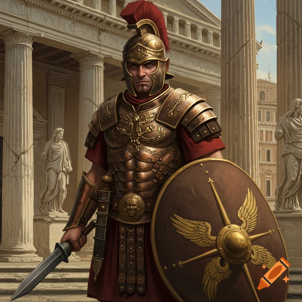A Roman Praetorian guard in armor holding a sword and shield, standing in front of a classical building.