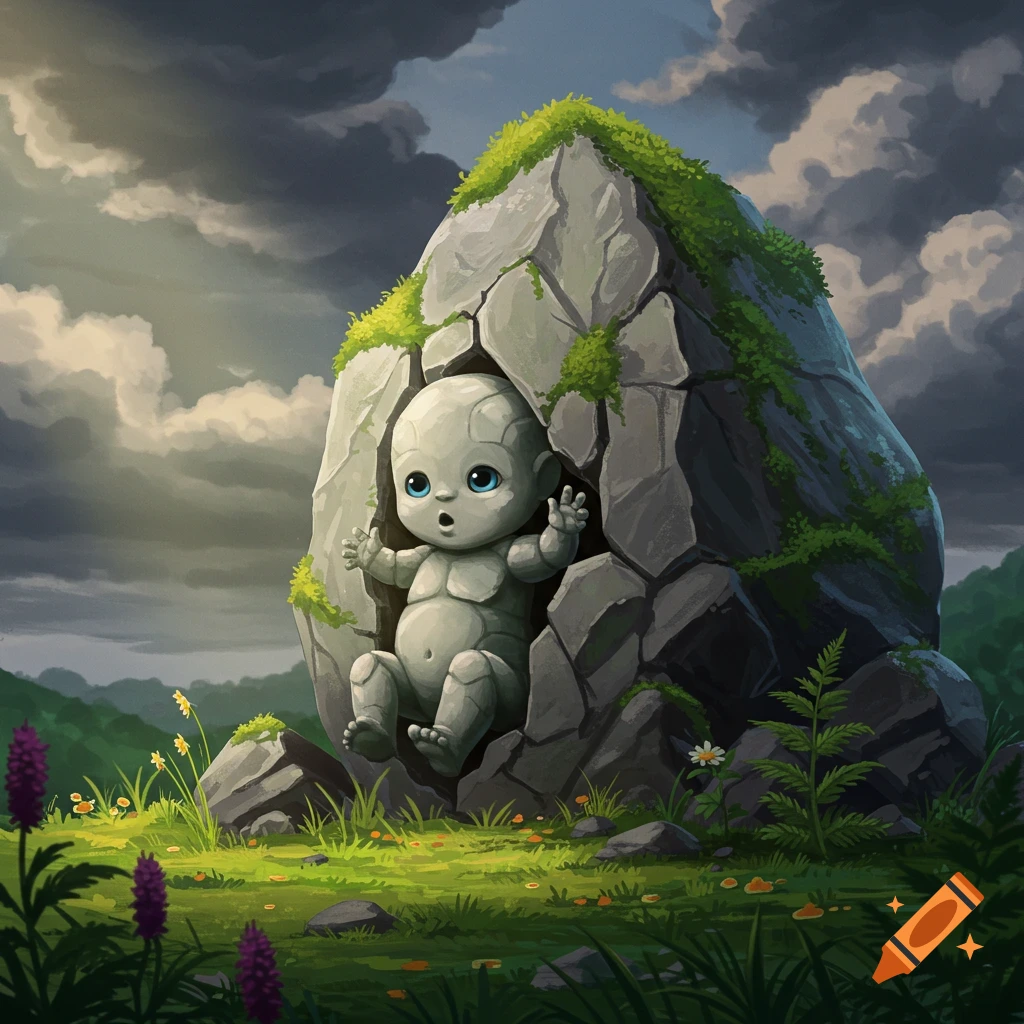 A rock baby creature emerges from a large rock in a mountainous landscape.