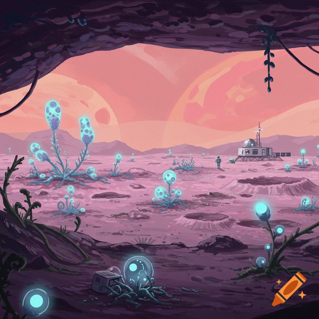 Alien moon landscape with glowing plants, planets in the sky, a building, and a figure.