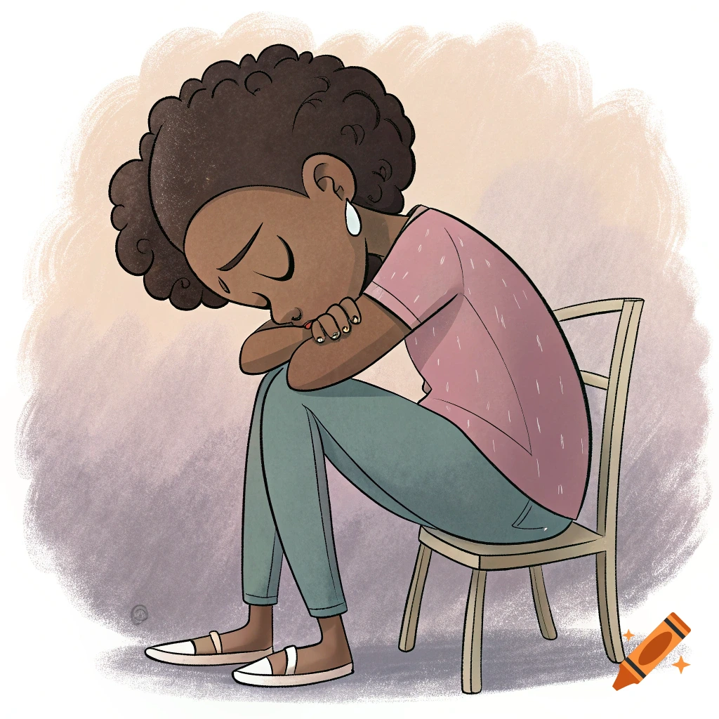 Cartoon of a woman sitting on a chair with her head down, looking sad.
