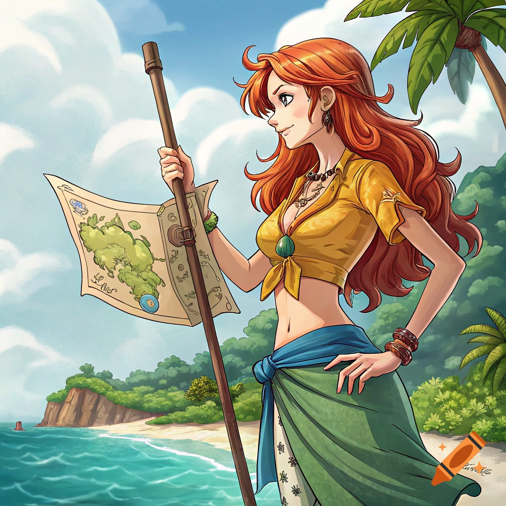 Anime style illustration of a red-haired woman in adventure gear holding a map on a tropical beach.