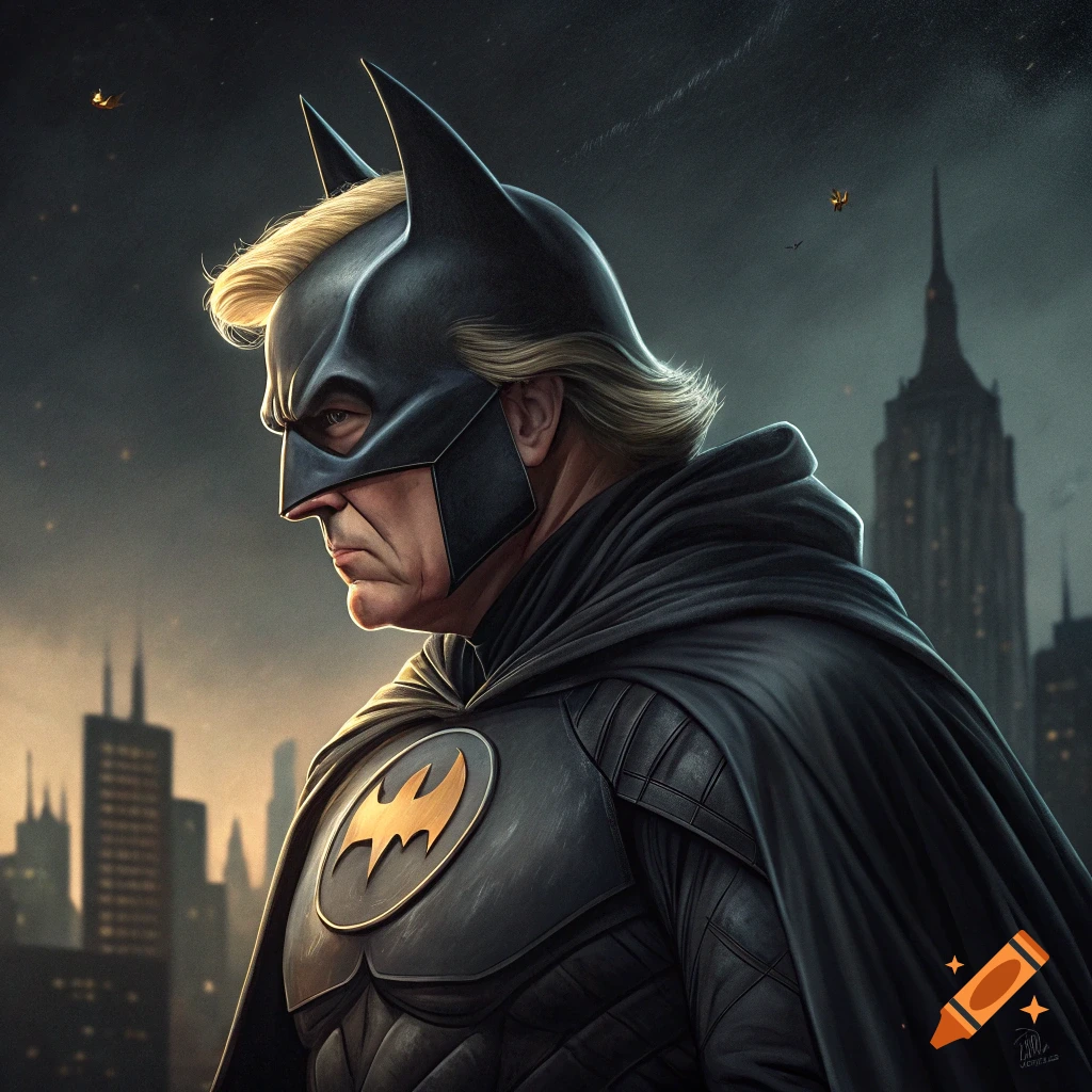 Donald Trump dressed as Batman stands against a dark city skyline