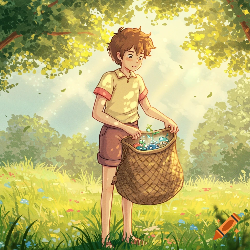 A young boy in a sunny meadow holds a bag filled with glowing items, in a Ghibli-inspired anime style.