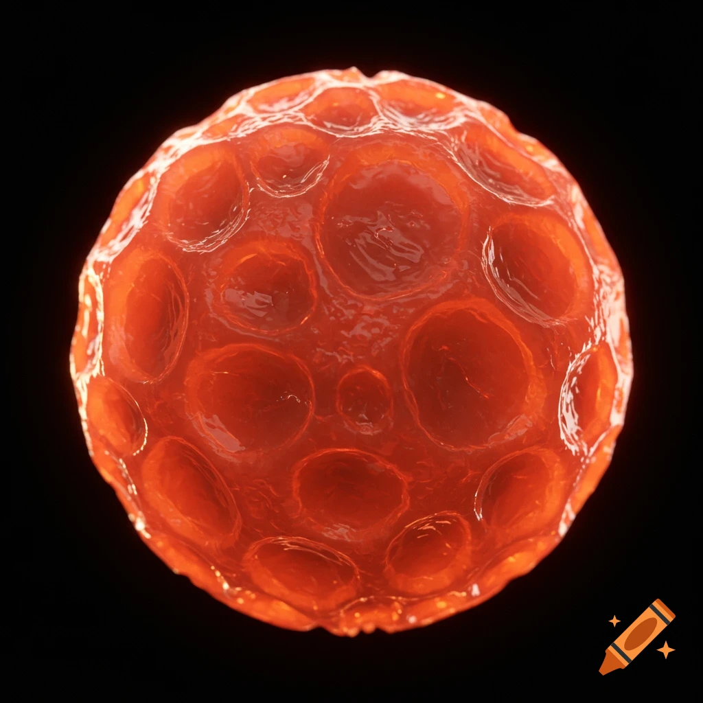 A reddish-orange sphere with a translucent, textured surface on a black background.