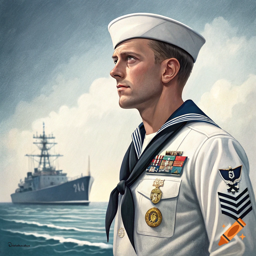 Illustration of a sailor in uniform looking towards the horizon with a ship in the background.