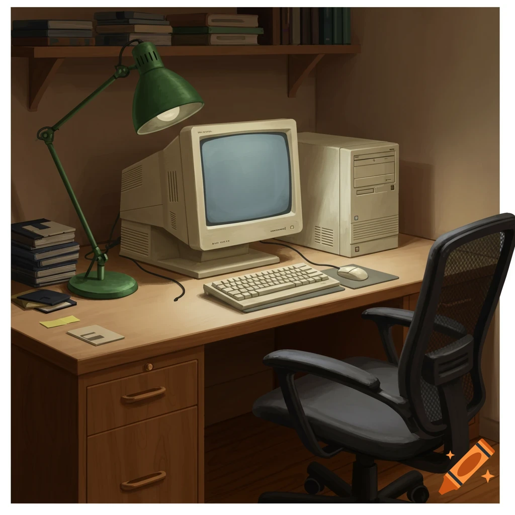 A vintage computer setup on a desk with a lamp, monitor, keyboard, tower, and chair.