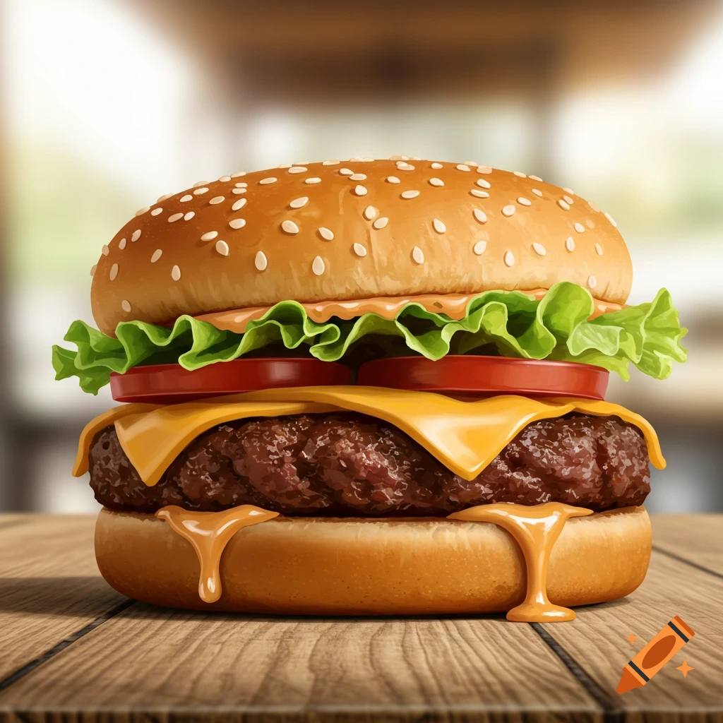 A burger with lettuce, tomato, and cheese on a wooden table.