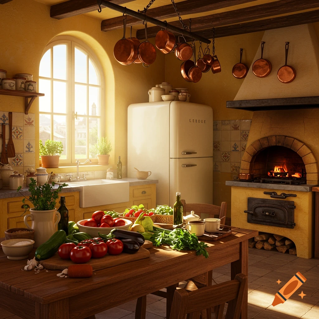 A rustic kitchen with a table full of vegetables, a retro fridge, and a wood-fired oven.